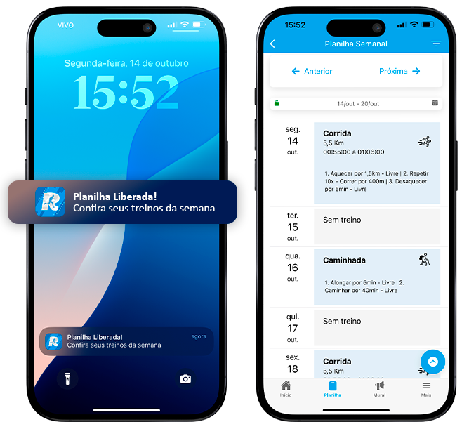Tela real do aplicativo SISRun Elite mostrando a notificação de planilha liberada e os treinos da semana do aluno